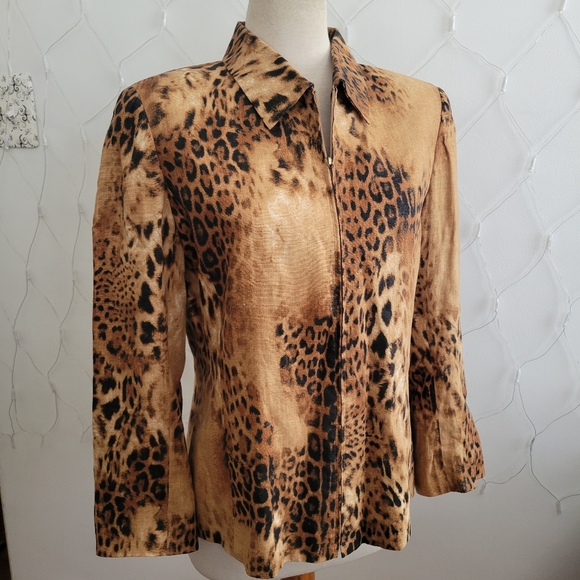 Cheetah Print Dana Buchman Linen Jacket • Size 10 • Zipper Pull Tab Missing - Picture 1 of 6